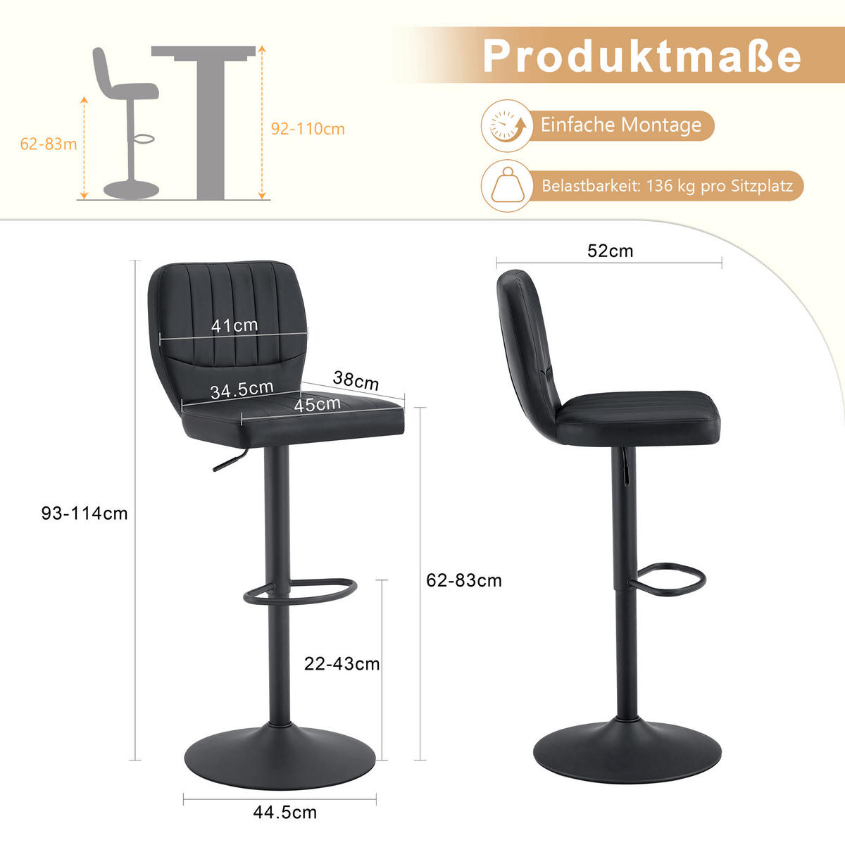 BARHOCKER Schwarz 2er-Set höhenverstellbar mit Rückenlehne und Fußstütze - Schwarz, Metall (52/93/45cm) - PANGIVO