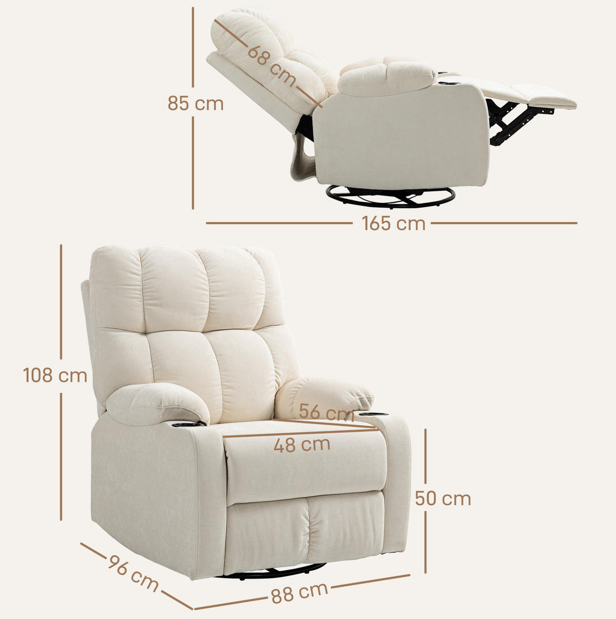RELAXSESSEL in Beige 96x88x108 cm mit Liege-, Dreh- und Schaukelfunktion - Beige, Textil (88/108/96cm) - IVMEU