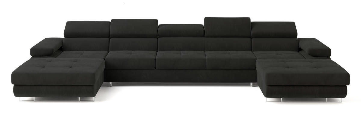 WOHNLANDSCHAFT OMBRA Schwarz Velours-Stoff mit Schlaffunktion - Schwarz, Holz (425/90/202cm) - MASSENO