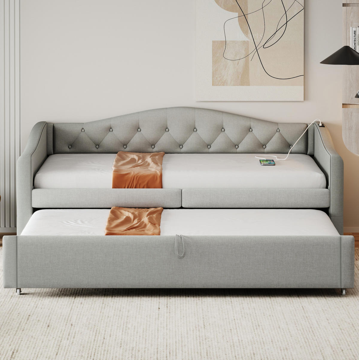 POLSTERBETT 90/200 cm als Schlafsofa mit USB-Anschluss und Lattenrost, Grau - Grau, Textil (90/200cm) - Redom