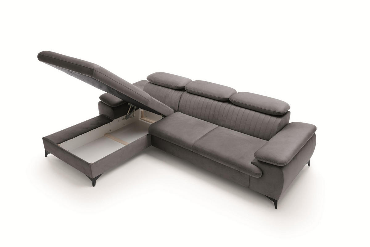 ECKSOFA FIORE Grau Velours-Stoff mit Schlaffunktion - Grau, Holz (120/120cm) - MASSENO