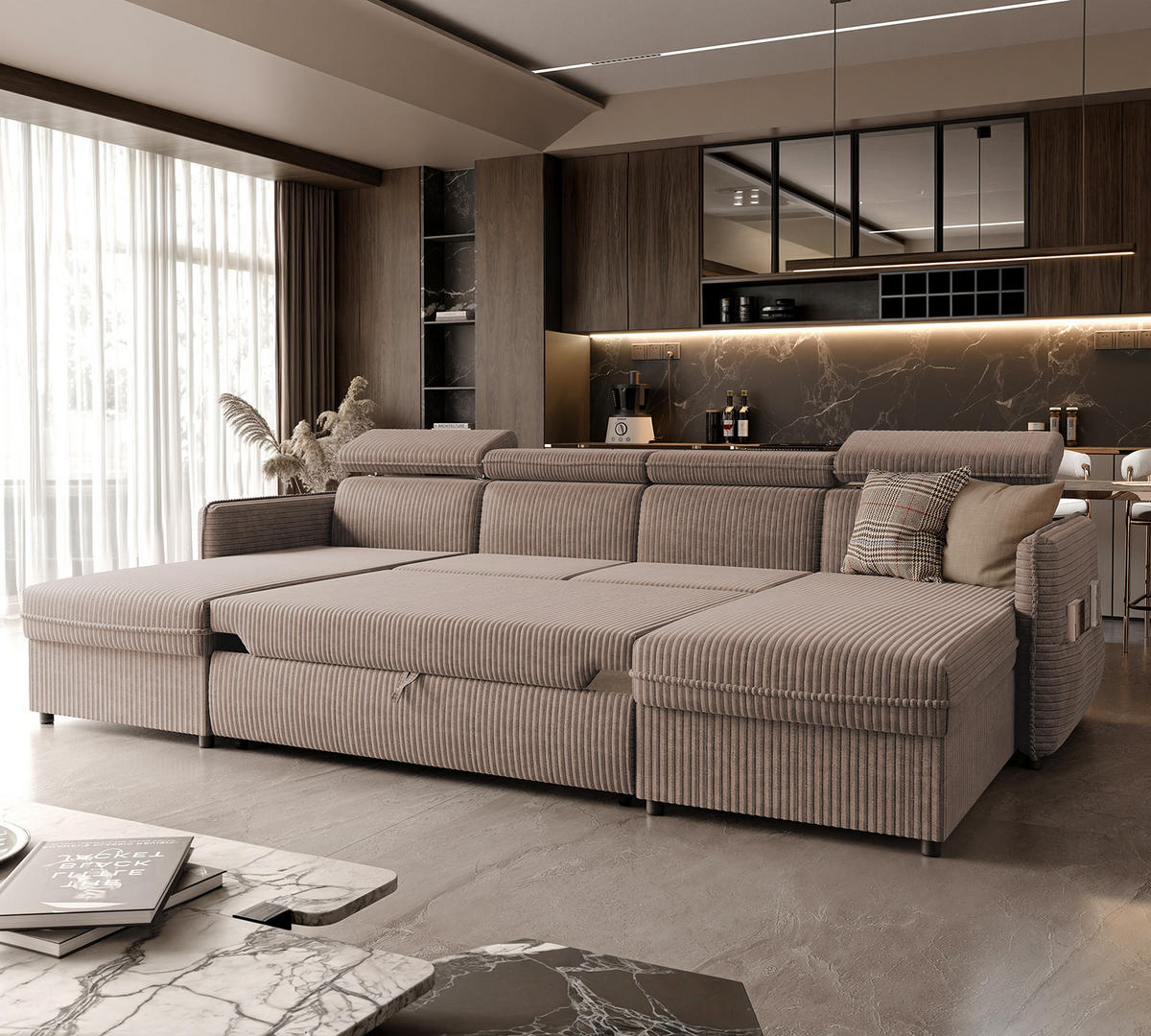 WOHNLANDSCHAFT U-Form Beni mit Schlaffunktion, Cord-Stoff Poso 02 Hellbraun - Hellbraun, Holzwerkstoff (286/60/166cm) - Idohome