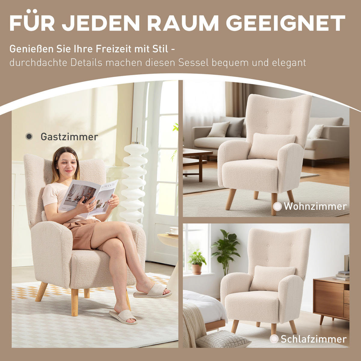 SESSEL DE-06847 mit Plüschbezug und Schaumstoffkissen, Ohrensessel Beige - Beige, Holz/Textil (72/106/77cm) - ComfortXL