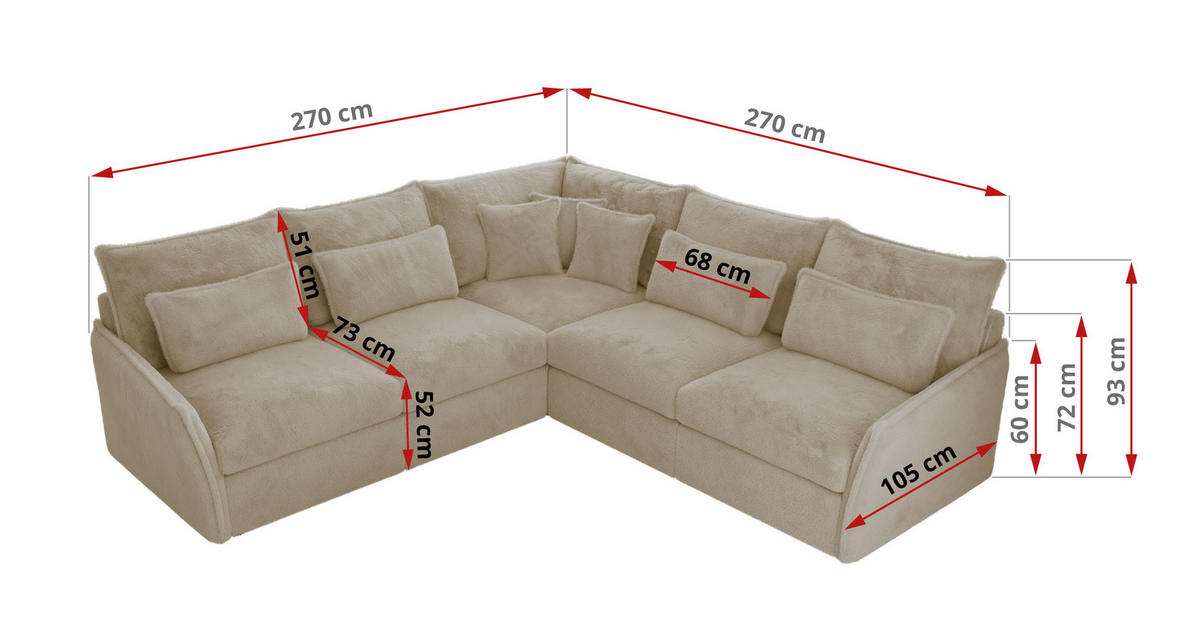 ECKSOFA VERSO L Creme Plüsch - Creme/Schwarz, Kunststoff/Textil (270/270cm) - MKS