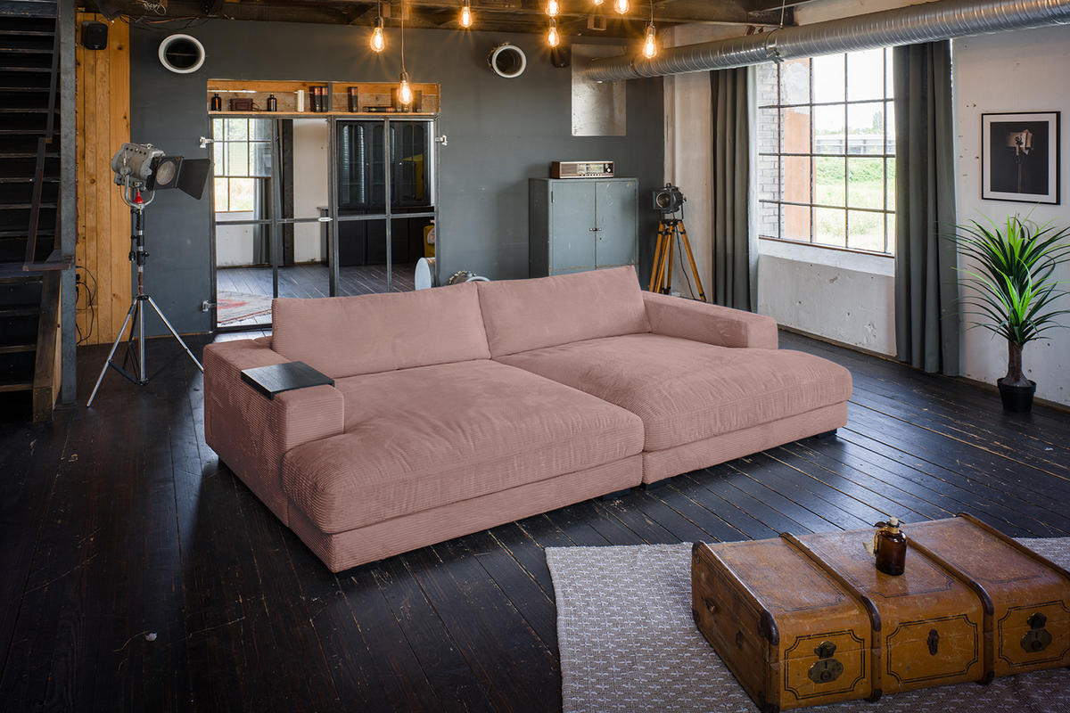 BIG SOFA XL MIT TABLETT SCHWARZ MADELINE Pink Cord - Pink/Schwarz, Kunststoff/Textil (290/85/190cm) - KAWOLA