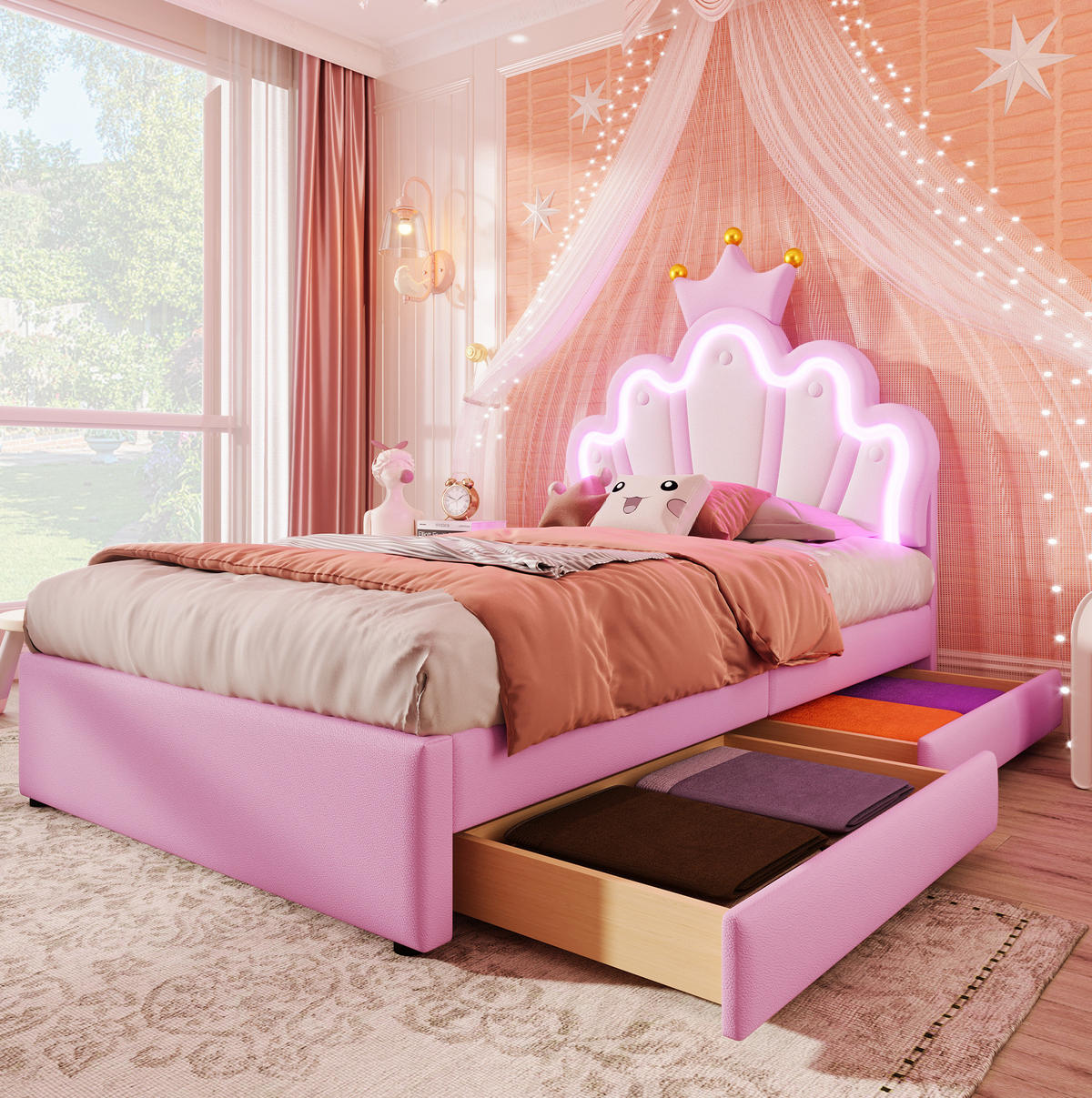 POLSTERBETT mit LED-Beleuchtung 90/200 cm in Rosa mit Schubladen und Kopfteil - Rosa, Kunststoff (90/200cm) - BEAOK