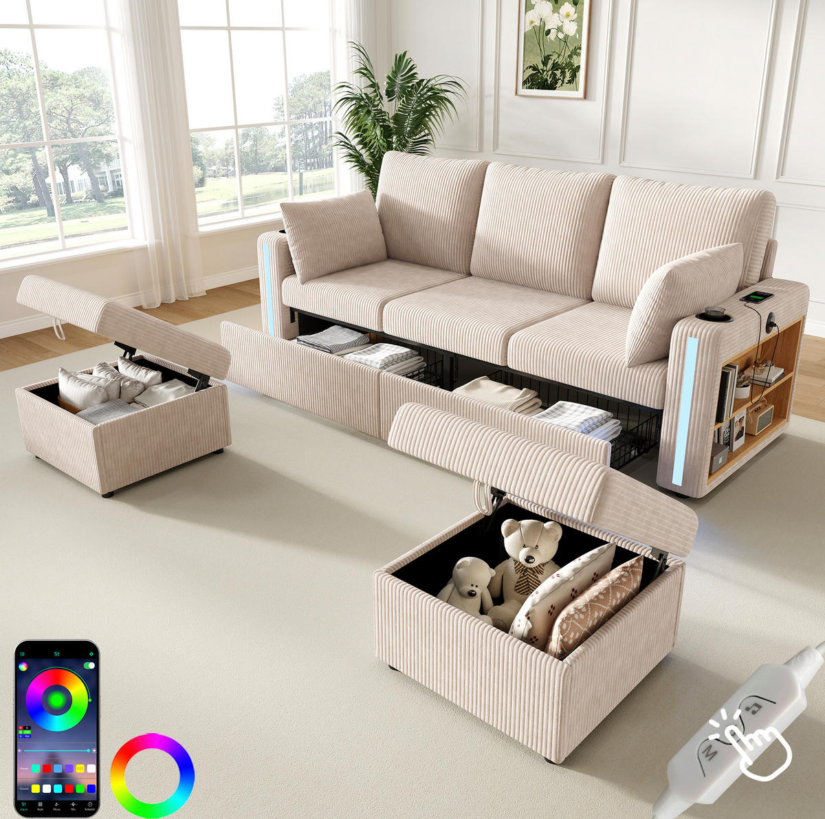 SOFA modulares U-/L-Form 190 x 130 x 85 cm Cord Beige 2 Hocker - Beige, Holz (130/85/190cm) - Meubliv