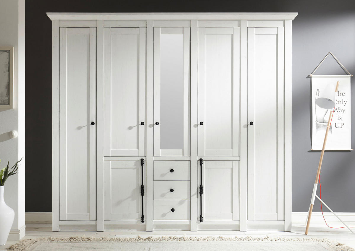 KLEIDERSCHRANK Pinie weiß 236 x 206 cm, Drehtürenkleiderschrank 7-türig - Schwarz/Weiß, Holzwerkstoff/Metall (236/206/64cm) - Furn.Design