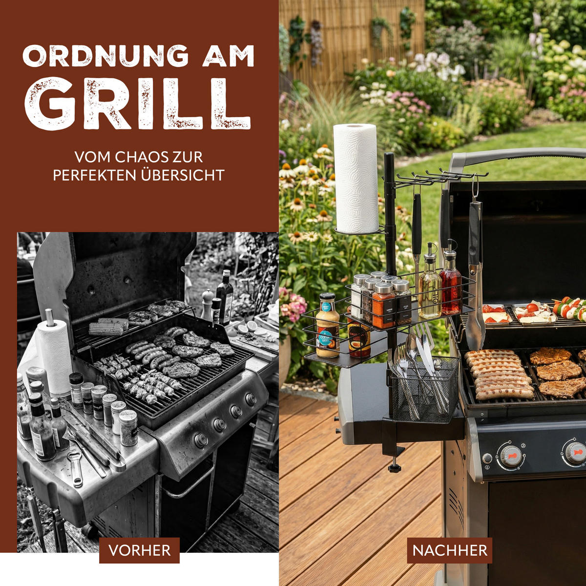 GRILLZUBEHÖR-ORGANIZER 5in1, schwarz, Metall - Schwarz, Metall (35cm) - eluno