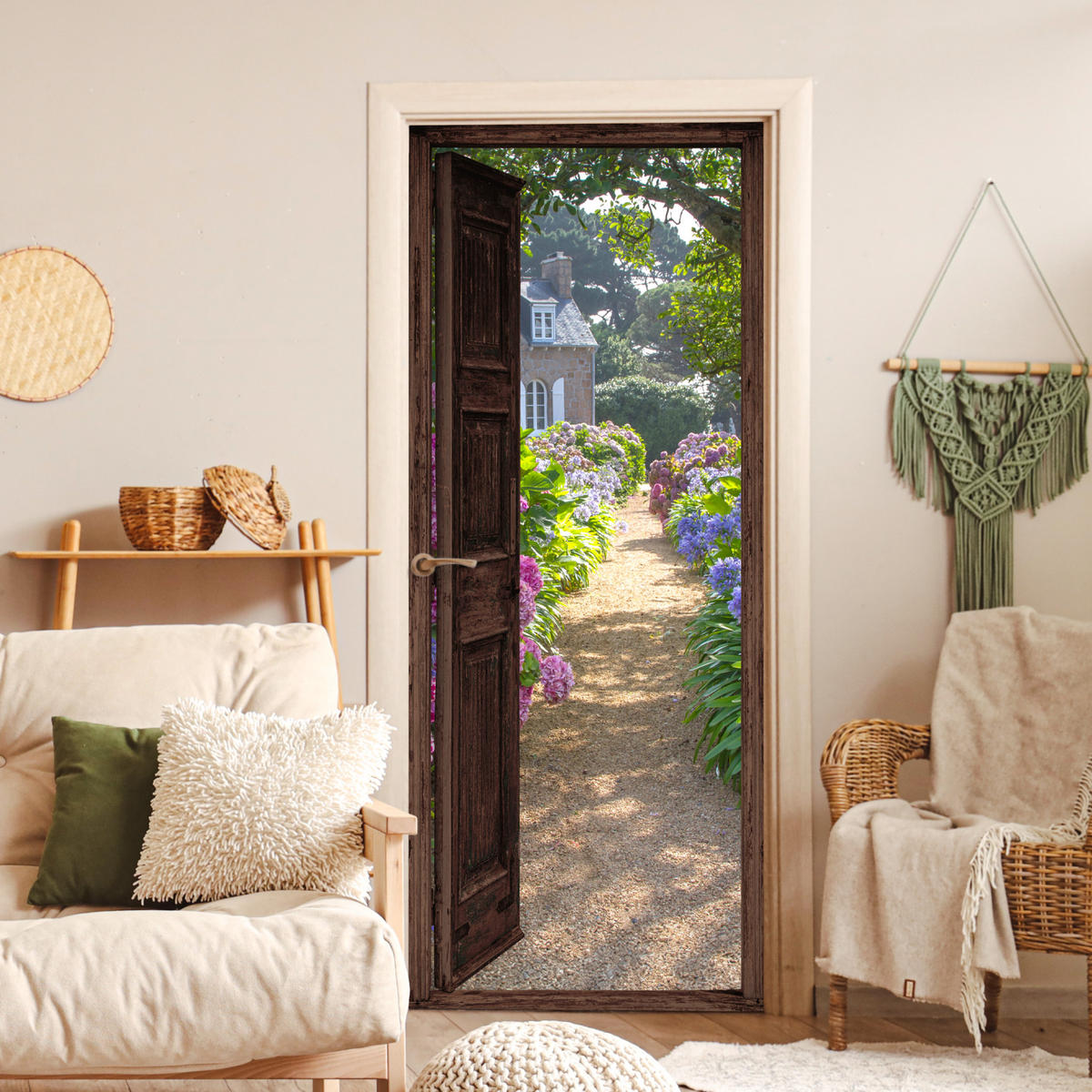 TÜRAUFKLEBER Selbstklebend - Fensterblick - Hortensie - Tür - Blumen - Natur 95x215 cm - Türtapete - Beige, Kunststoff (95/0.1cm) - MuchoWow