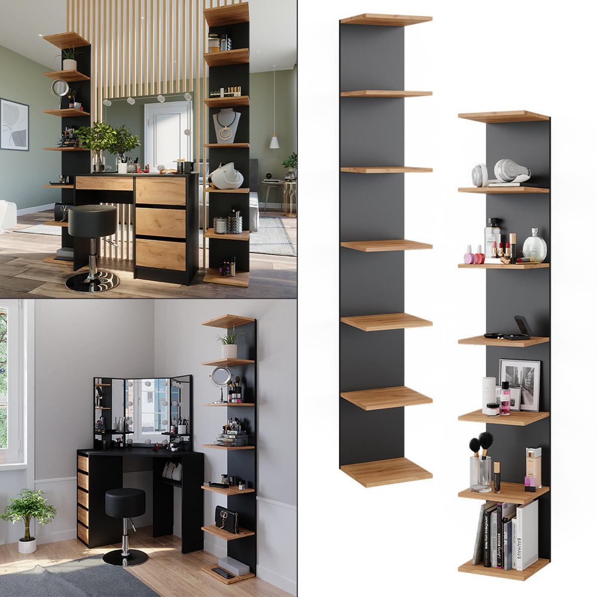 WANDREGAL Paolo Anthrazit 28 x 190 cm 2er Set - Honigeiche/Anthrazit, Holzwerkstoff (30/190/28cm) - Vicco