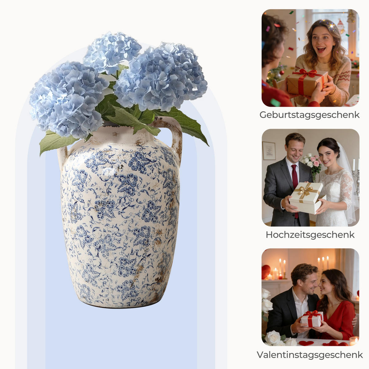 VASE Vintage, Keramik Weiß | Handbemalt, Doppelhenkel, Ø19 x H29 cm - Weiß, Keramik (29cm) - Hometopia