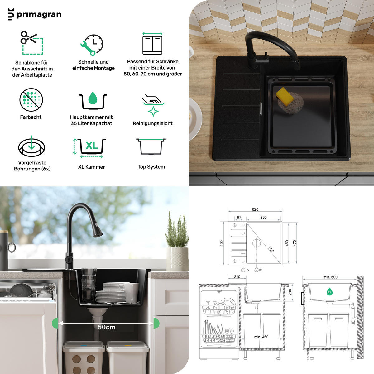 GRANITSPÜLE Kopenhagen, 2-er set Alles Weiß 62/50 cm 1 Becken + Küchenarmatur 32/20 cm + Ablauf-Set + Schneidebrett ab 50er Unterschrank - Beige/Weiß, Kunststoff (62/20/50cm) - Primagran