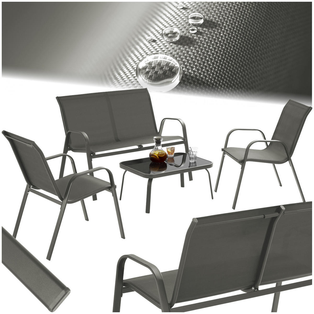 SITZGRUPPE Nora,mit getönter Sicherheitsglasplatte,anthrazit - Anthrazit, Naturmaterialien/Textil - tectake