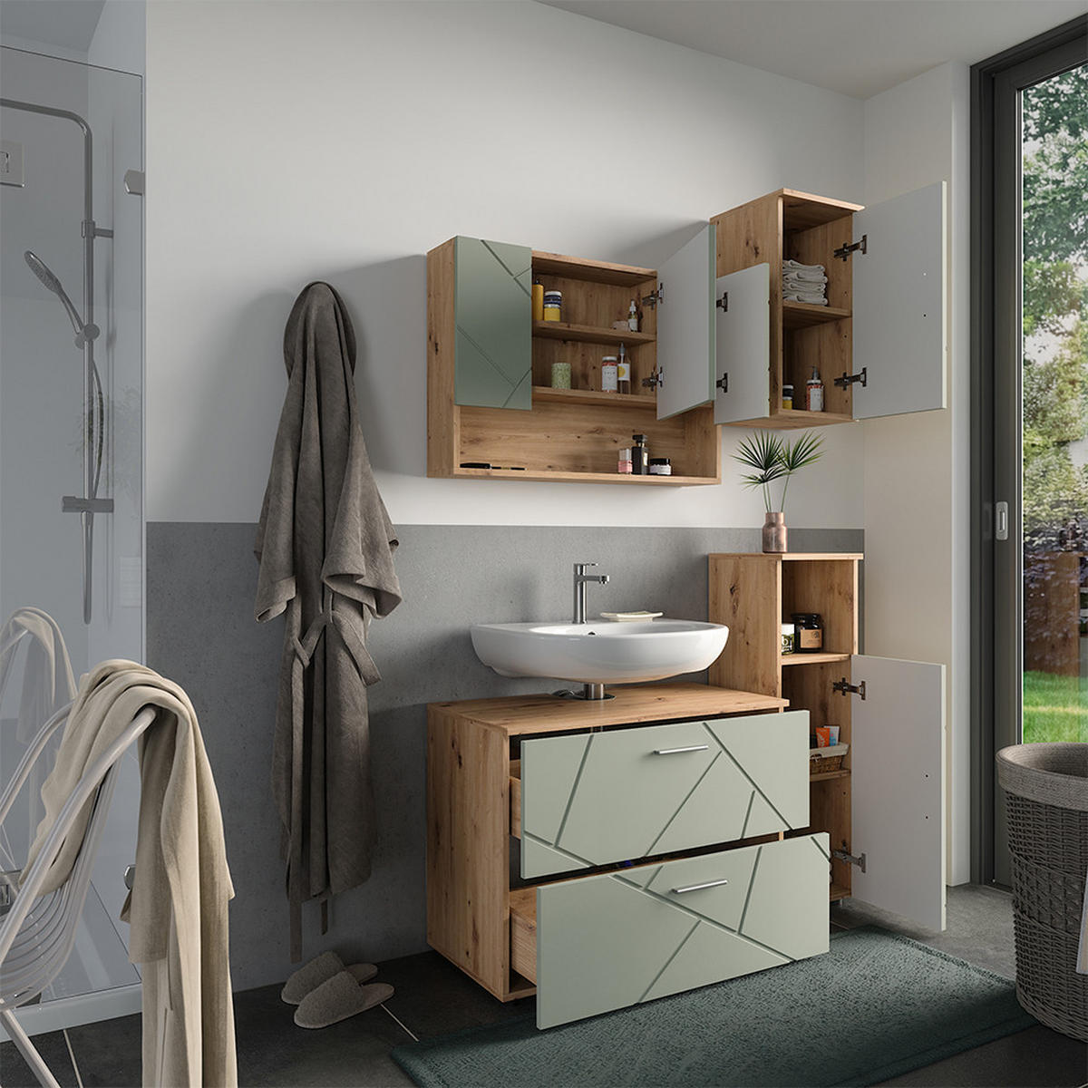 BADMÖBEL-SET Irma Salbeigrün 4 Teile - Salbeigrün, Holzwerkstoff (80/58.6/41cm) - Vicco
