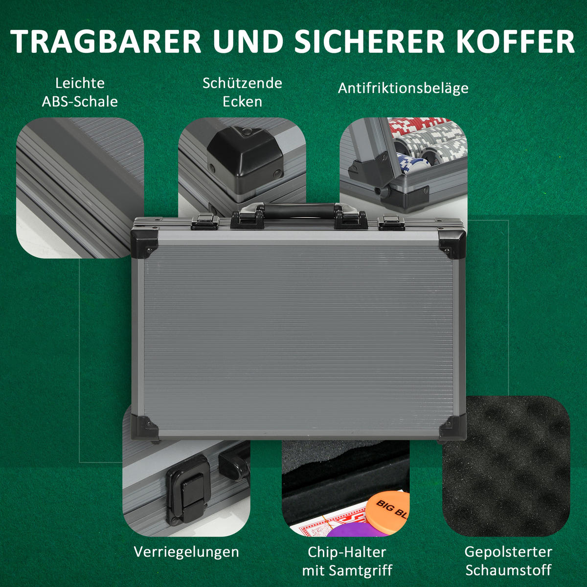 POKERSET DE-10641 400 Chips mit Koffer & Unterlage für 10 Spieler - Grau, Kunststoff (28/39.5cm) - ComfortXL