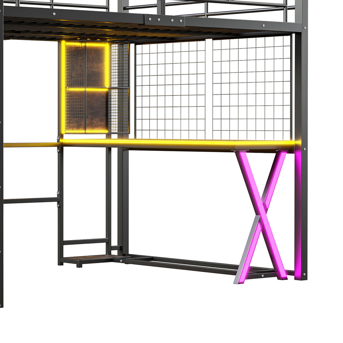 HOCHBETT 140/200 cm DE-04920, mit LED, Schreibtisch und Ablageleiter in Schwarz - Schwarz, Metall (140/200cm) - ComfortXL