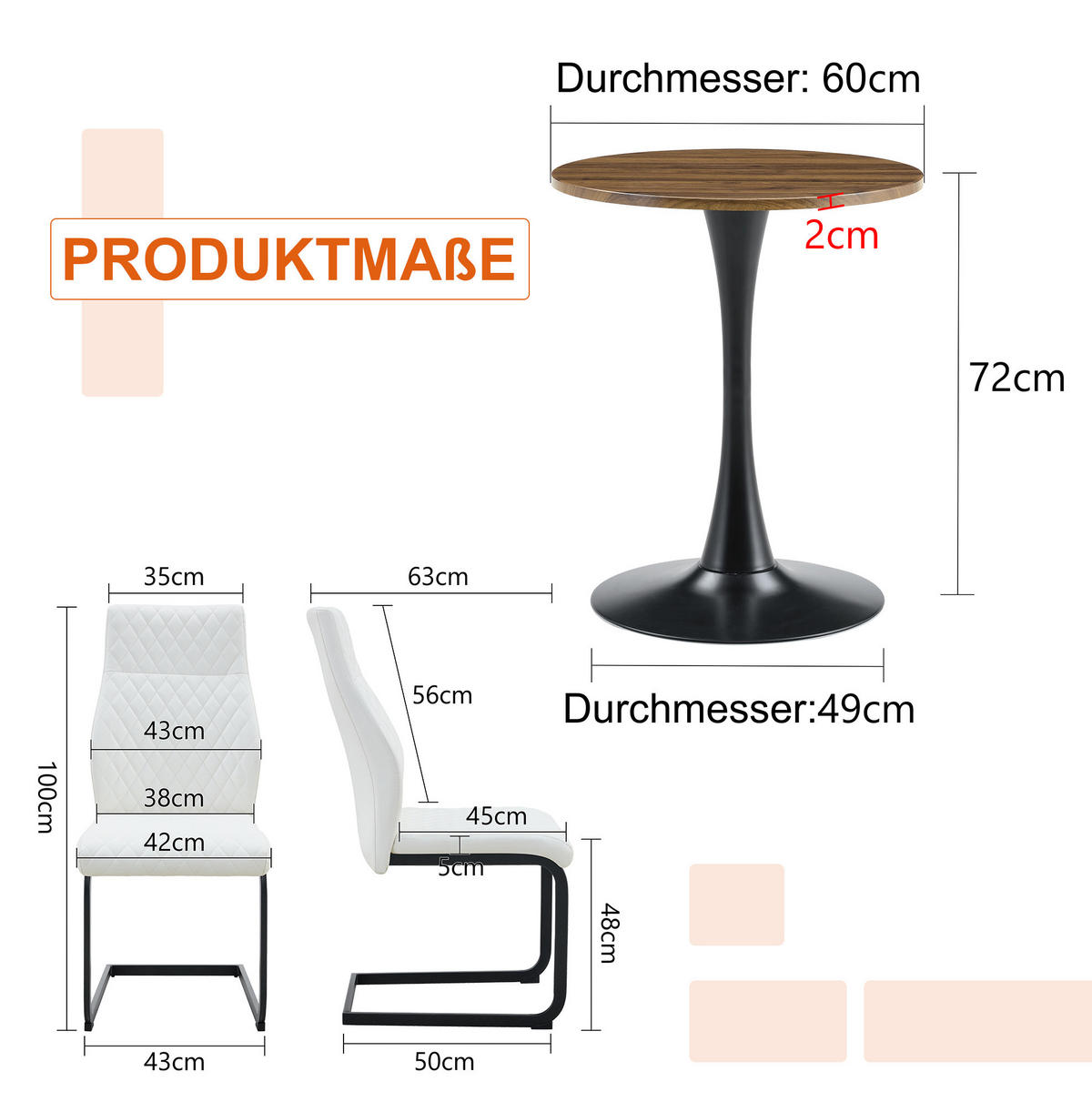 TISCH- UND STUHLSET rund 60 cm MDF Weiß/Schwarz - Schwarz, Metall (60/72/60cm) - Meubliv