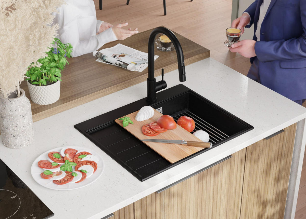 GRANITSPÜLE Sydney, 2-er set Schwarz 62/50 cm 1 Becken + Küchenarmatur 32/20 cm + Ablauf-Set + Küchenzubehörset ab 45er Unterschrank - Chromfarben/Beige, Kunststoff (62/20/50cm) - Primagran