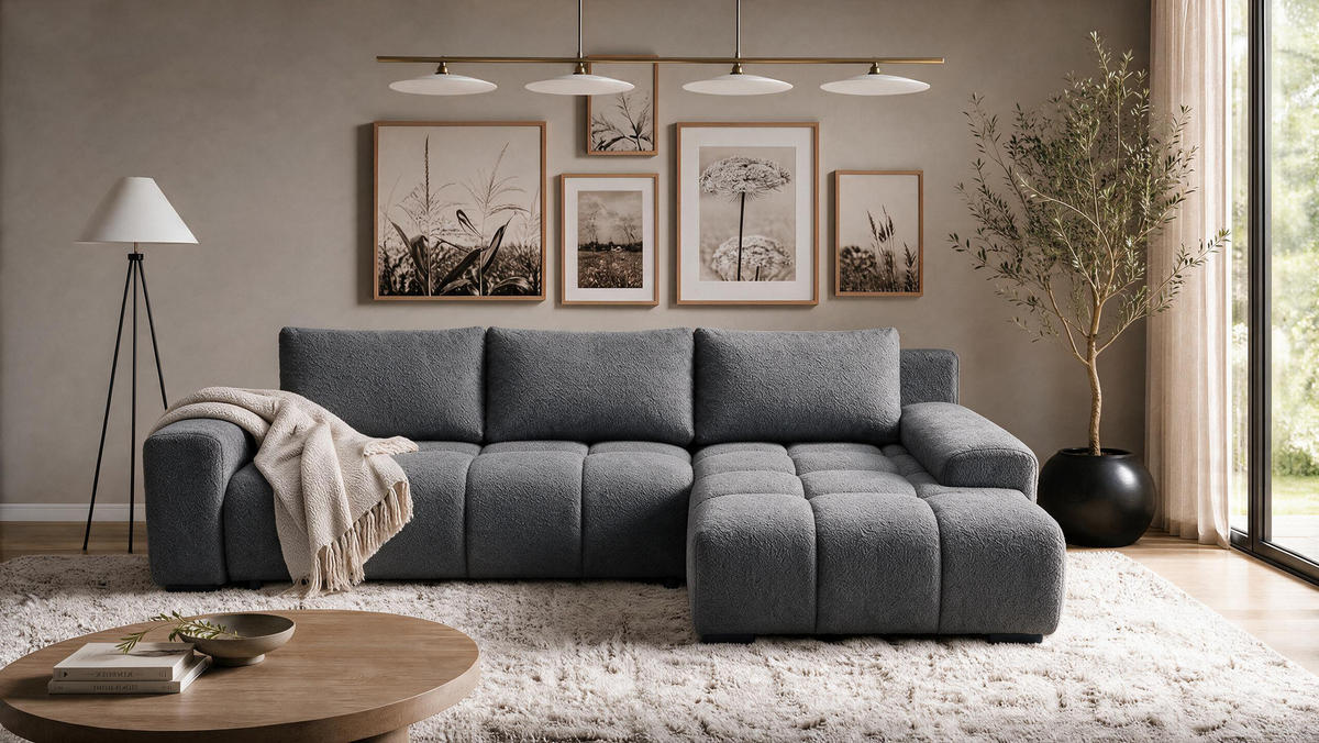 ECKSOFA Ovia mit Bettkasten und Schlaffunktion, Bouclé-Stoff in L-Form - Dunkelgrau, Textil (270/185cm)