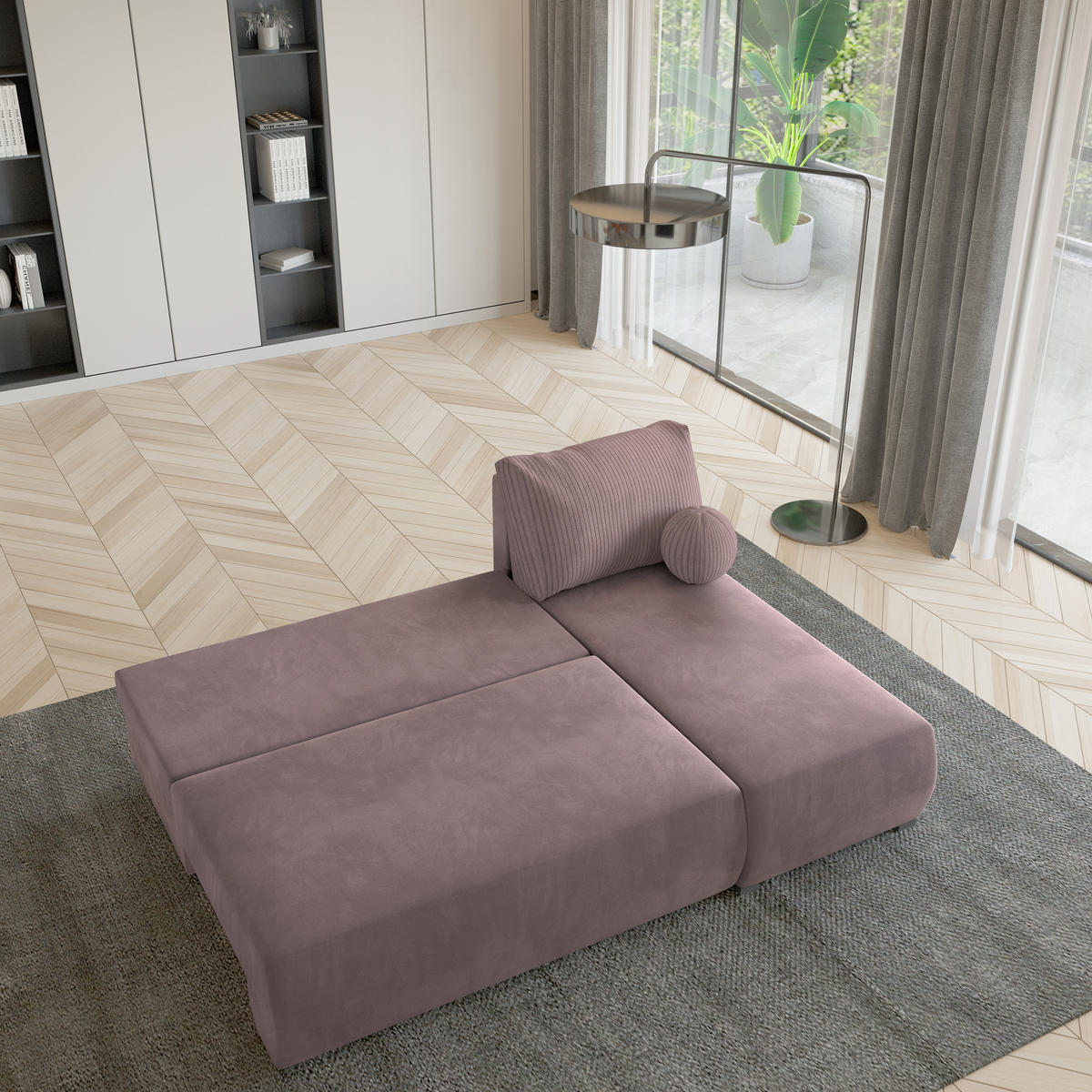 ECKSOFA PARVELO Rosa Plüsch-Stoff mit Schlaffunktion - Rosa, Holz (200/143cm) - MASSENO