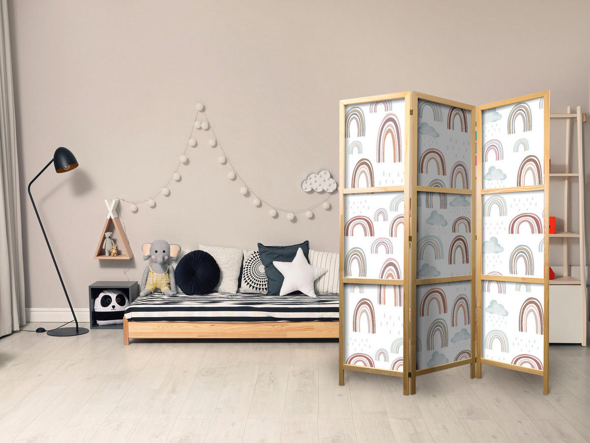 PARAVENT Japanischer 3-tlg 135x172 cm Regenb gen und Wolken - Multicolor, Holz/Textil (135/172/3cm) - Muralo