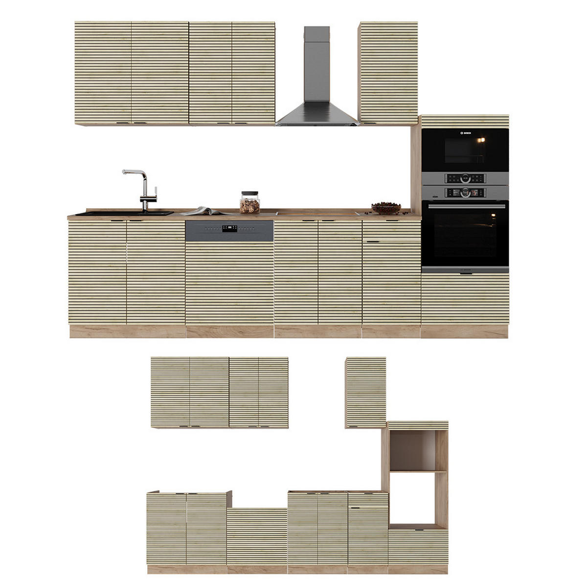 KÜCHENZEILE Fame-Line Eiche Paneel/Goldkraft Eiche 300 cm mit Hochschrank, ohne Arbeitsplatte - Honigeiche/Hellbraun, Holzwerkstoff (300/81.6/46cm) - Vicco
