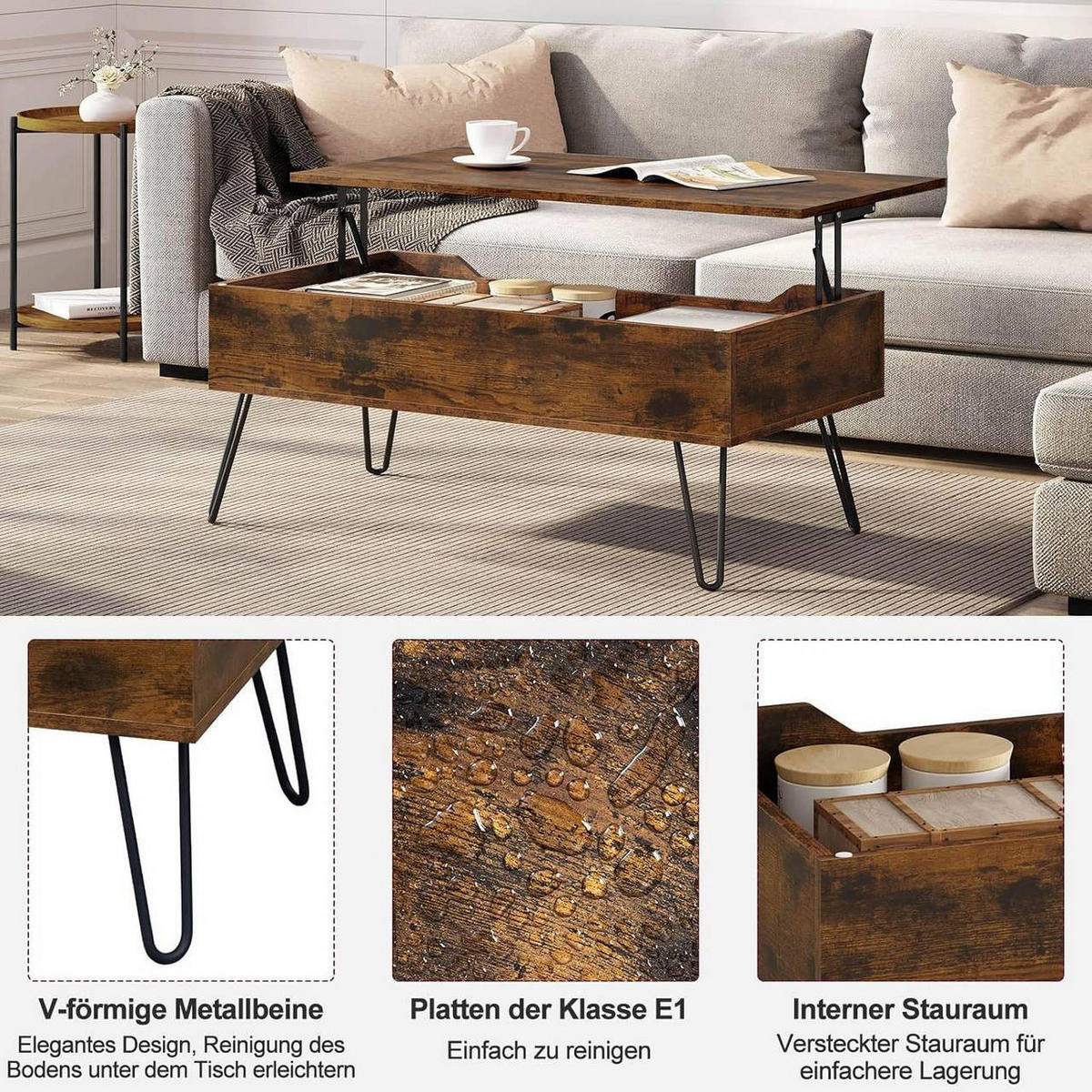 COUCHTISCH mit Stauraum, Metallbeine, Rustikales Braun - Dunkelbraun, Holzwerkstoff/Metall (50/95/40cm) - Woltu