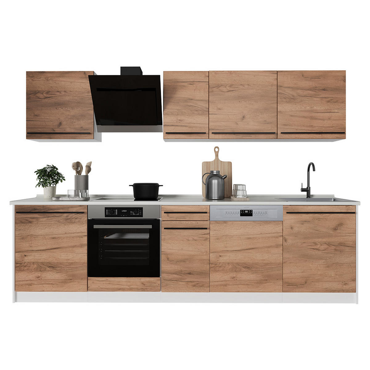 KÜCHENZEILE R-Line, Goldkraft Eiche/Weiß, 280 cm ohne Arbeitsplatte - Honigeiche/Weiß, Holzwerkstoff (280/206.8/46cm) - Vicco