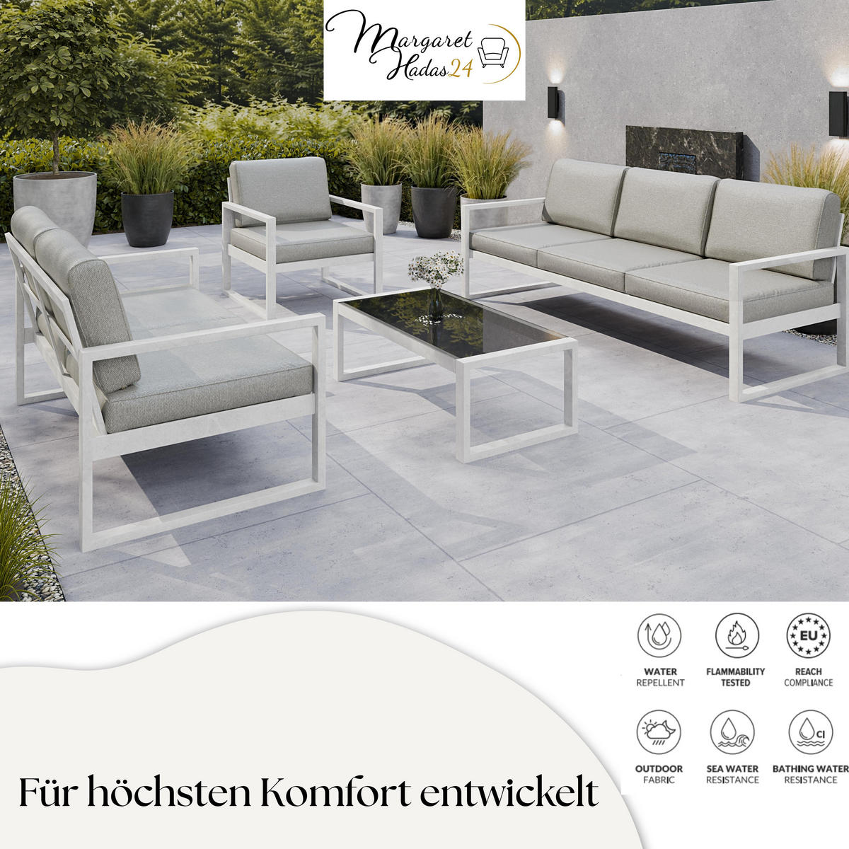 GARTENSET Madera für 6 Personen Balkonmöbel Aluminium Terassenmöbel Sitzbank, 4-tlg. Tisch, weiß, beige - Beige/Weiß, Kunststoff/Metall - Margaret Hadas24