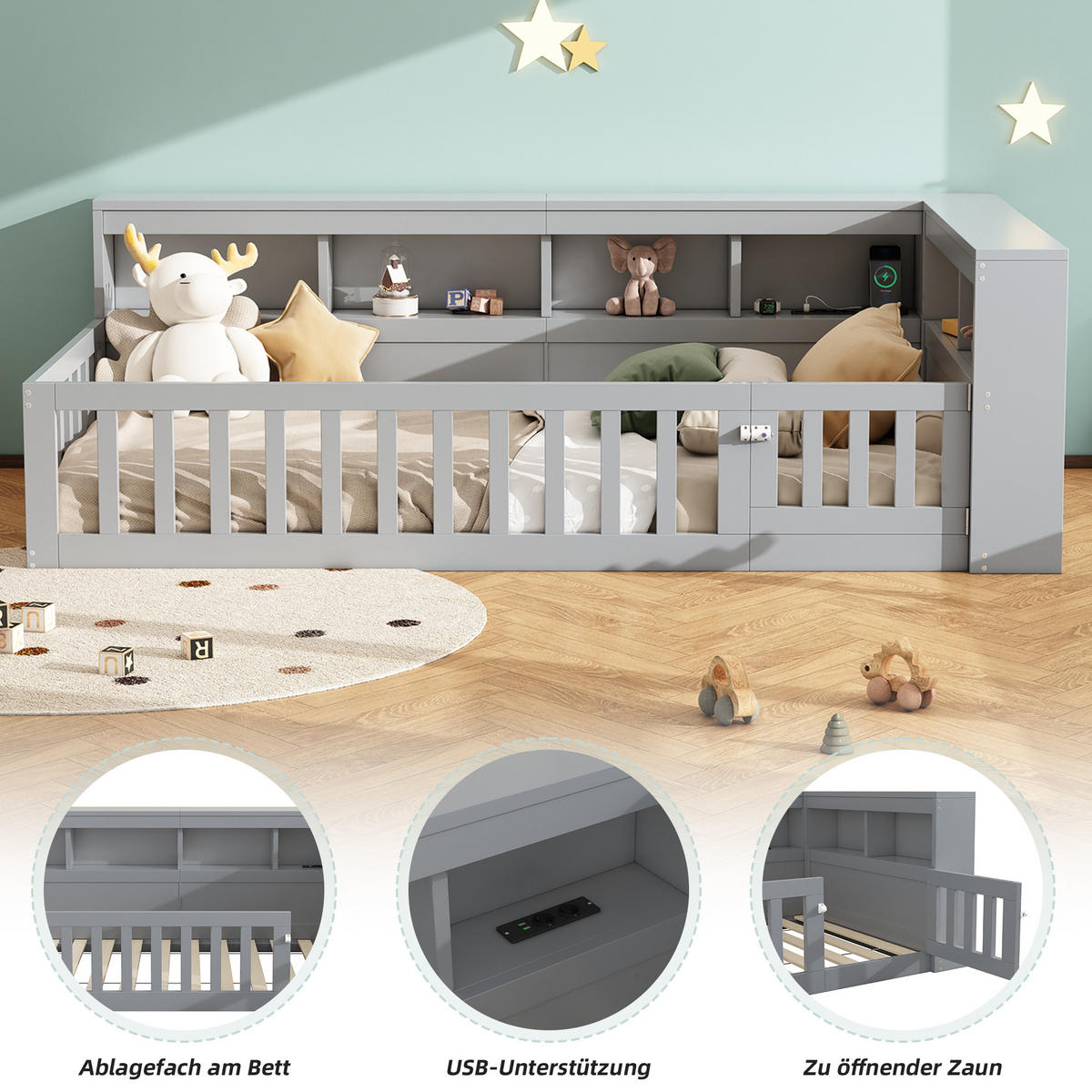 DAYBETT 90/200 cm Grau mit Staufach und USB-Anschlüssen aus Spanplatte - Grau, Holzwerkstoff (90/200cm) - OKWISH