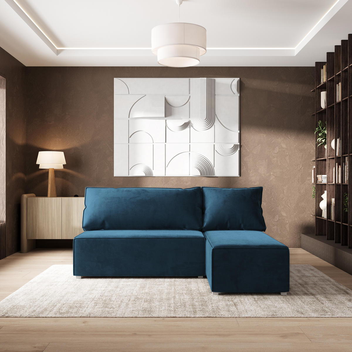 ECKSOFA BRISO M Blau Velours-Stoff mit Schlaffunktion - Blau/Grau, Holz/Kunststoff (200/140cm) - MASSENO