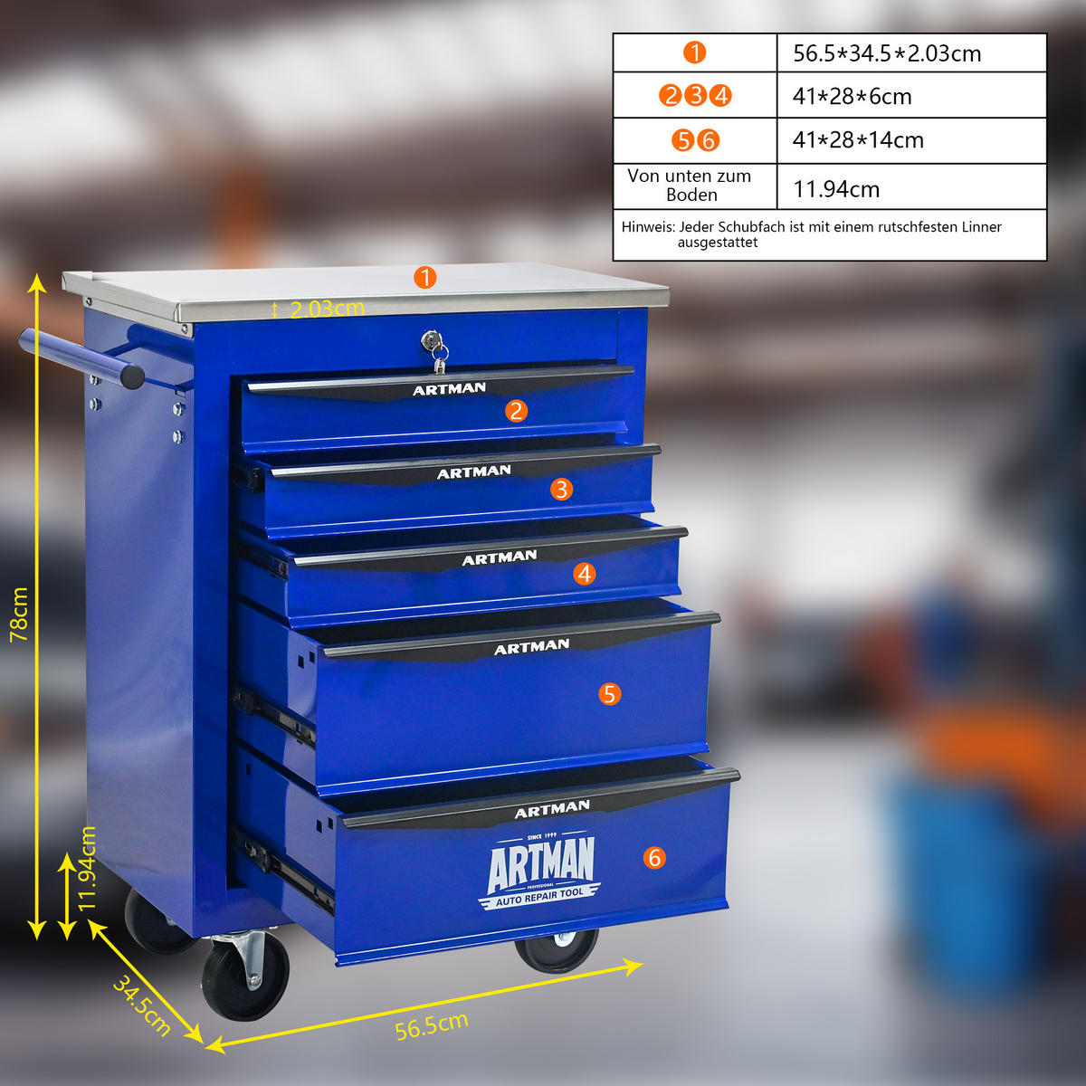 WERKZEUGWAGEN Metall mit Rollen – 5 Schubladen, Edelstahlablage, Werkstattwagen für Garage & Werkstatt, Schwarz/Blau - Blau, Metall (34.5/78/62.5cm) - Ej. Life