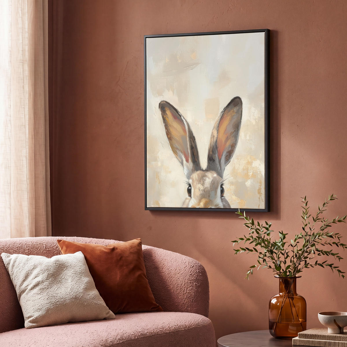 LEINWAND Bilder mit Rahmen - Hase - Ohren - Braun - 70x100 - Beige, Textil (70/100cm) - MuchoWow