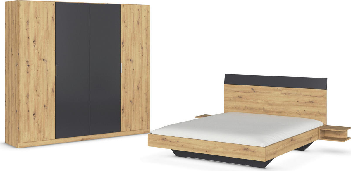 SCHLAFZIMMER Monza in Eiche Artisan und Grau Metallic mit Bettanlage 160x200cm, 2 Nachttischen und Drehtürenkleiderschrank 4türig ohne Spiegel - Braun, Holzwerkstoff (80/200/120cm)