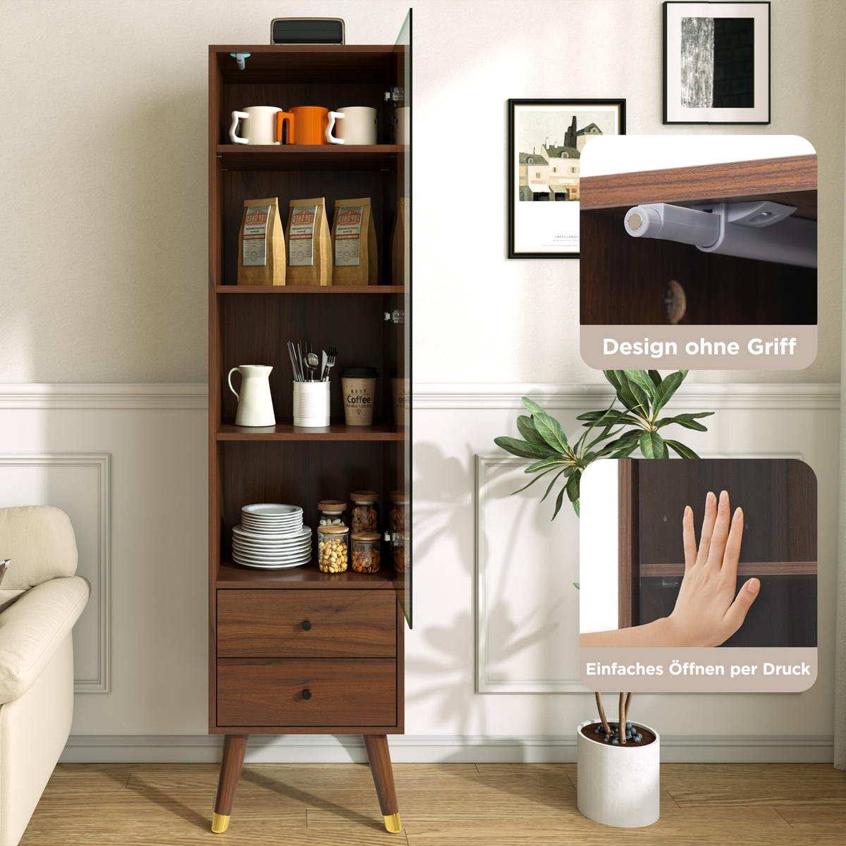 VITRINE in Walnussfarben mit Glastür und 2 Schubladen für Wohnzimmer, B39,8/T35/H160 cm - Transparent/Walnussfarben, Glas/Holzwerkstoff (39.8/160/35cm) - STILVORA