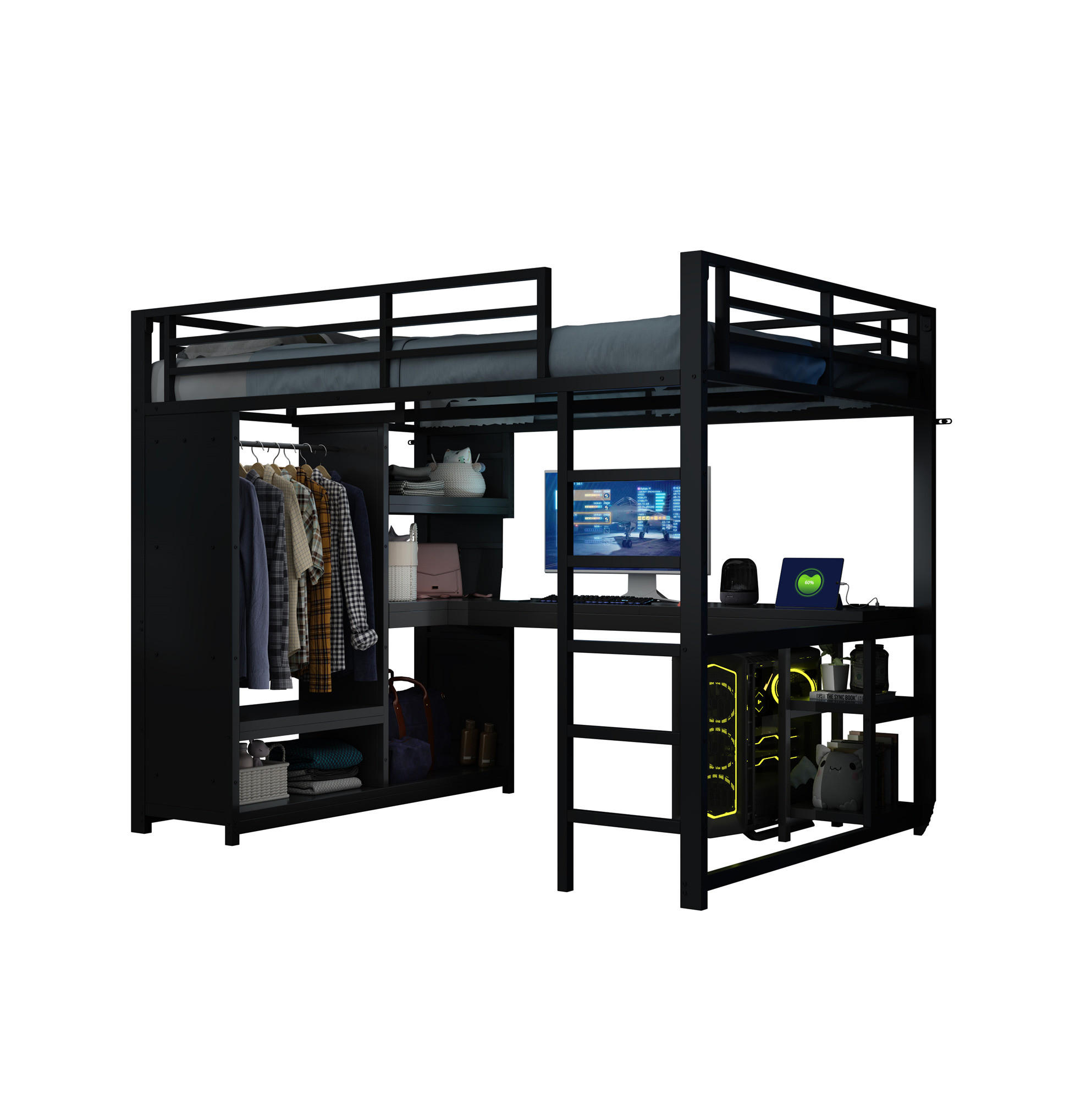 HOCHBETT 140/200 cm Schwarz aus Metall mit Schreibtisch und LED - Schwarz, Metall (140/200cm) - OKMYHOME