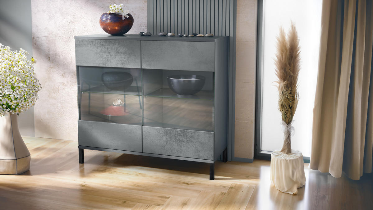 KOMMODE Bari Beton Dunkel Optik - Dunkelgrau, Holzwerkstoff (92.5/83.5/35cm) - Vladon