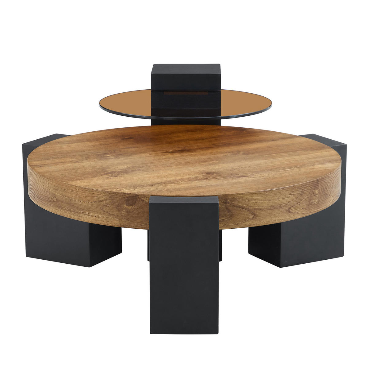 COUCHTISCH-SET 61/61/30 cm und 44/44/44 cm, 2 Ebenen, zerlegbar und flexibel nutzbar, Schwarz/Holzfarben - Schwarz, Holzwerkstoff (61/61/30cm) - Modfu