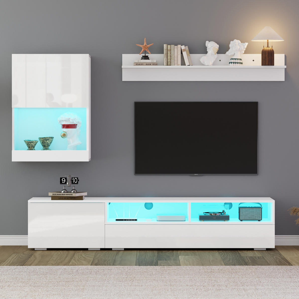 TV-WOHNWAND aus Spanplatte 175x39x34 cm 3-teilig Weiß mit LED-Beleuchtung und Hochglanzfronten - Weiß, Holzwerkstoff (175/34/39cm) - IVMEU