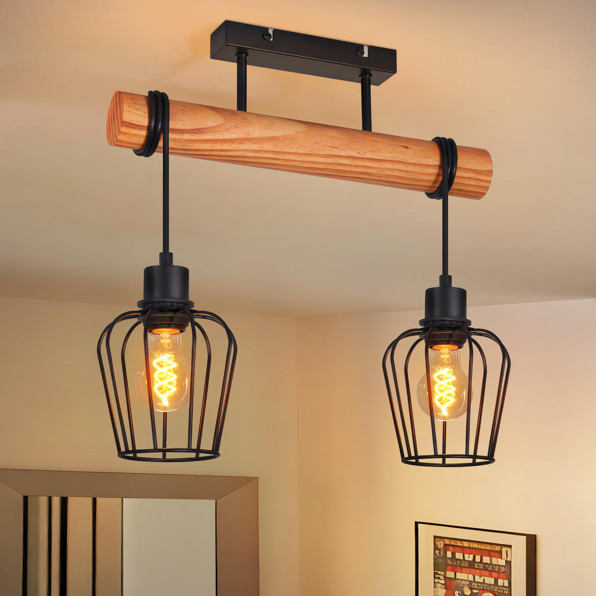 DECKENLEUCHTE Alaric 38/13/48 cm - Schwarz, Holz/Metall (38/13/48cm) - ZMH