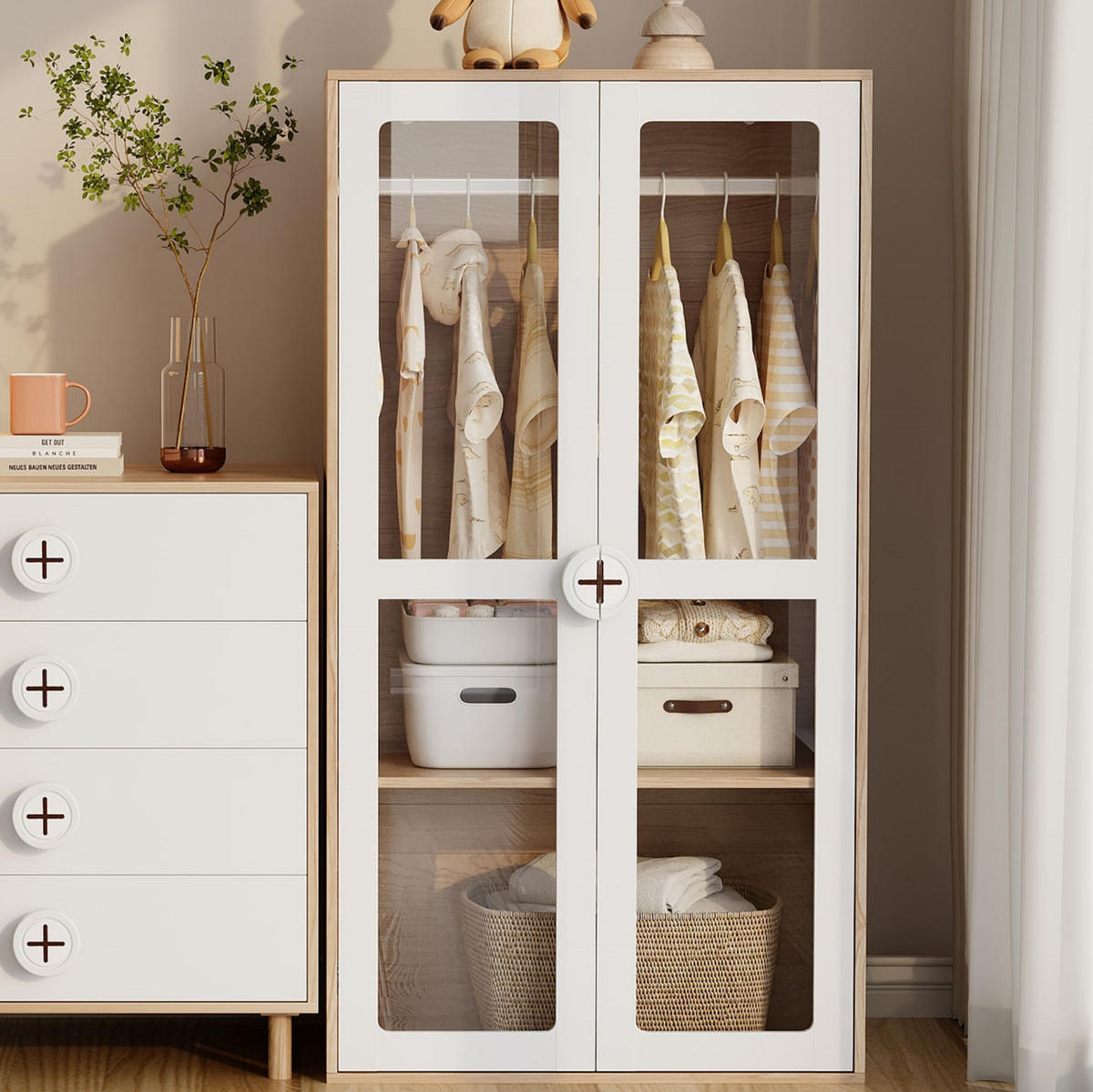 KINDERKLEIDERSCHRANK aus MDF 80x50x150 cm Natur/Weiß mit Acryltüren, Kleiderstange und höhenverstellbaren Regalen - Weiß, Holzwerkstoff (80/150/50cm) - Modfu