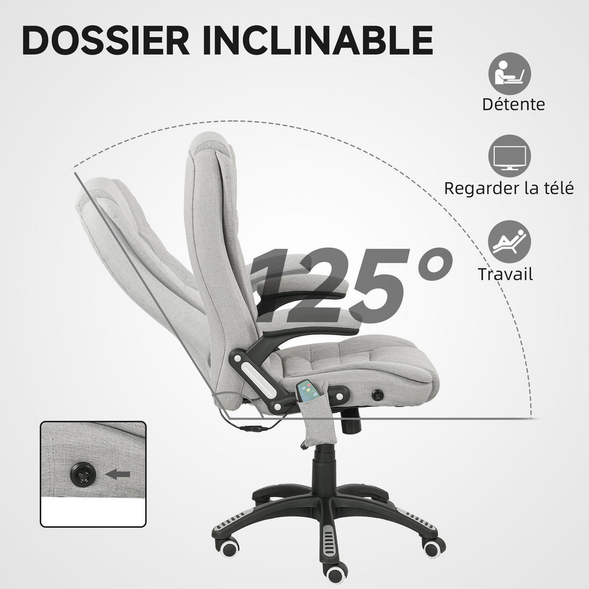CHEFSESSEL DE-11756 MIT MASSAGE- & HEIZFUNKTION 68/72/110-120 cm Grau - Hellgrau, Textil (68/120/72cm) - ComfortXL