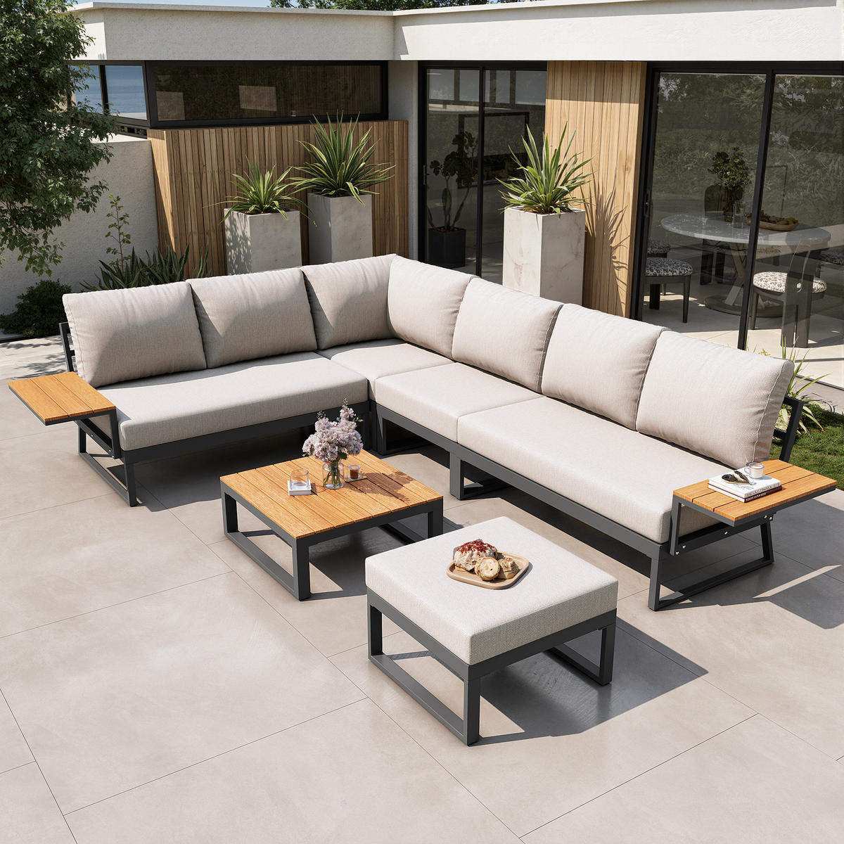 GARTEN-LOUNGE-SET L-Form Grau/Beige 6-tlg. - Beige, Metall - ComfortXL
