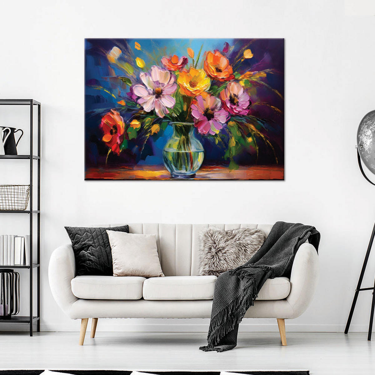 WANDBILD bunter blumenstrauß in einer vase - Multicolor, Textil (60/40cm) - Feeby