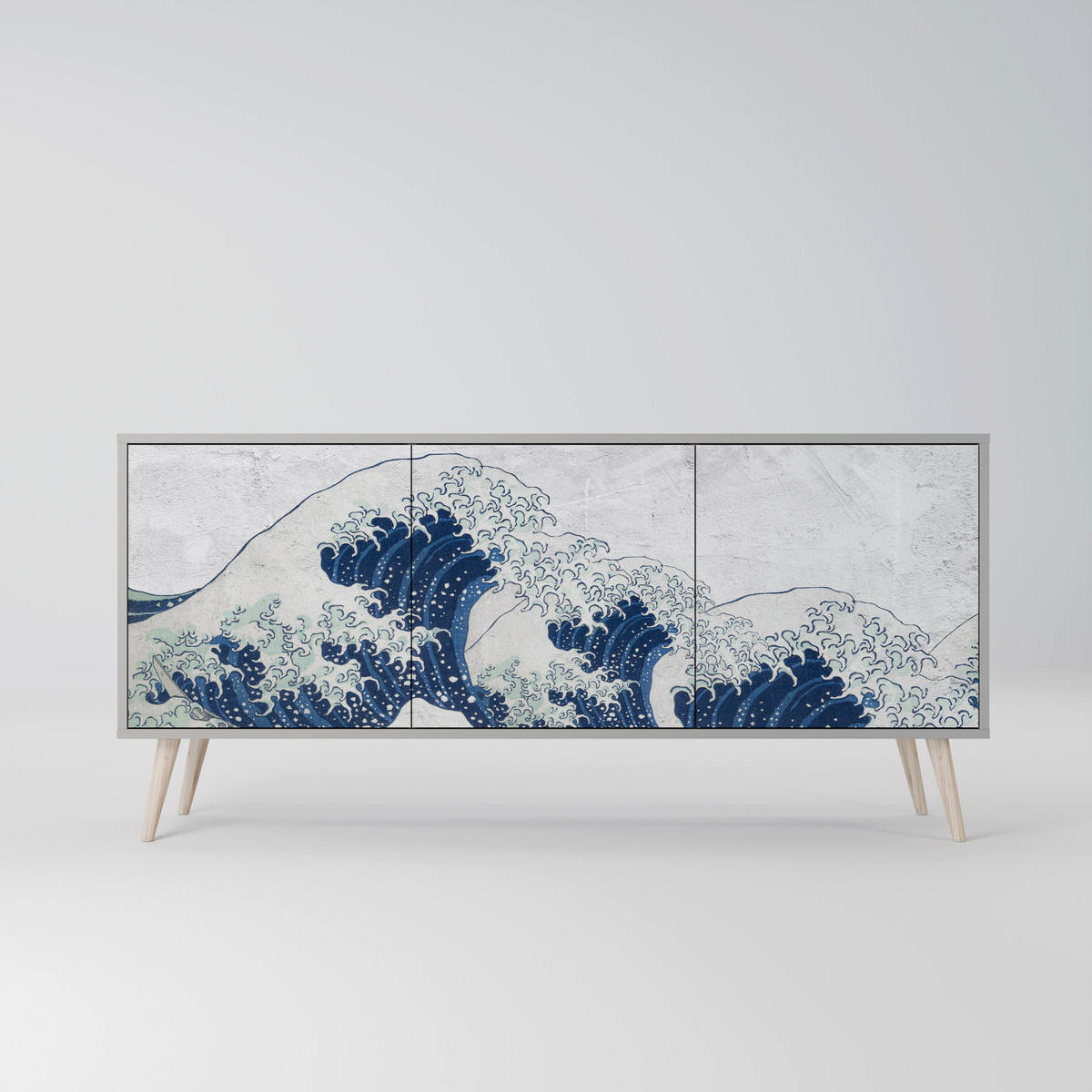SIDEBOARD THE GREAT WAVE AT KANAGAWA, Eicheneffekt, 164,5x42x77,5 cm, 3 Türen - Eichefarben/Buchefarben, Holzwerkstoff/Buchenholz (164.5/77.5/42cm) - SpaceRebels