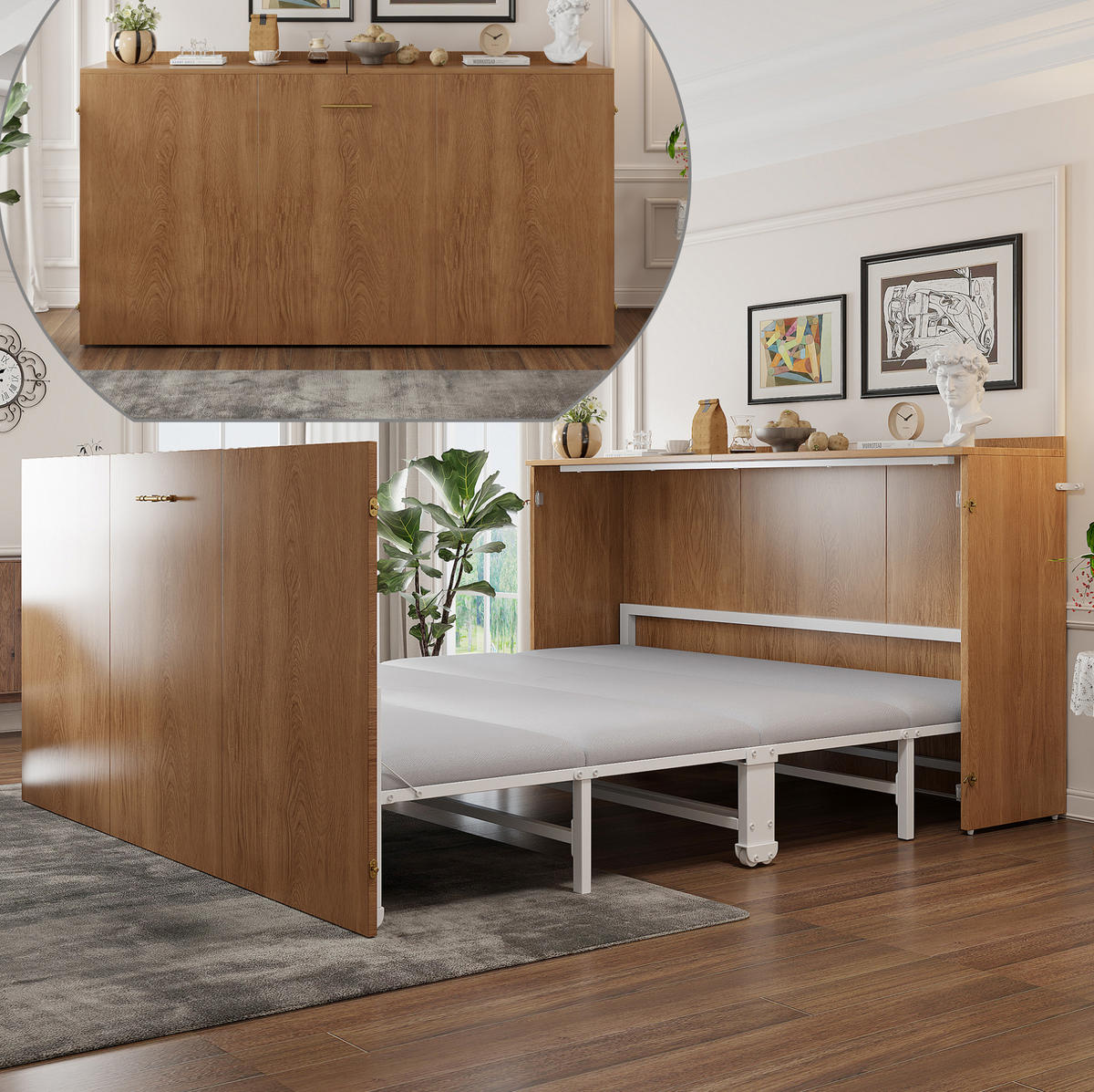 SCHRANKBETT Klappbett 140/200 cm aus Holz und Metall mit Matratze und leisen Rollen Holzfarbe - Naturfarben, Holz (140/200cm) - Modenvie