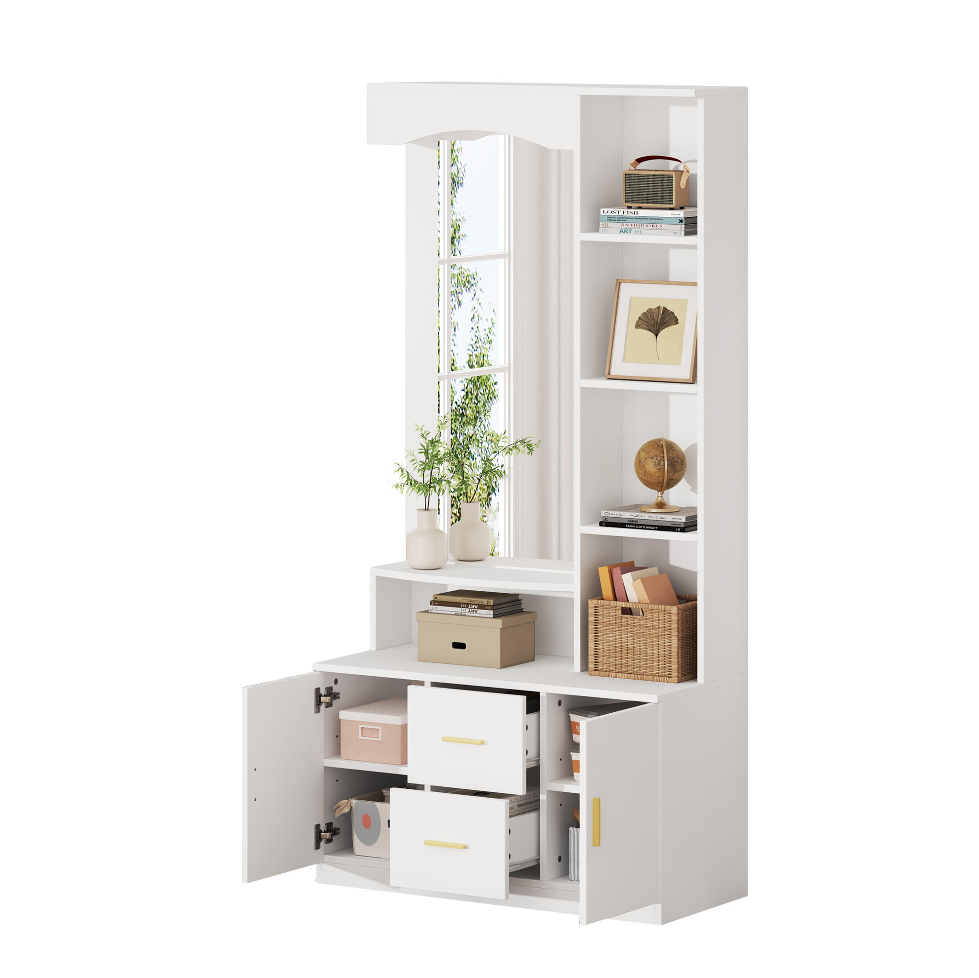 SCHUHSCHRANK aus MDF 90x40x180cm in Weiß mit Spiegel & Soft-Close - Weiß, Holzwerkstoff (90/180/40cm) - Modfu