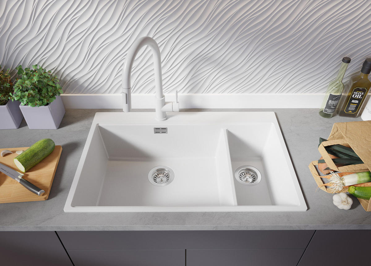 GRANITSPÜLE Oslo Duo, 2-er set Alles Weiß 78/50 cm 2 Becken + Küchenarmatur 40/20 cm + Ablauf-Set + Schneidebrett ab 80er Unterschrank - Beige/Weiß, Kunststoff (78/20/50cm) - Primagran