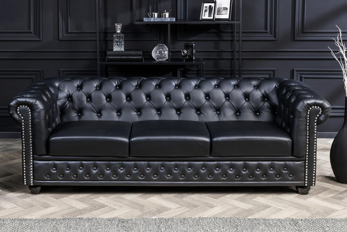 3-SITZER SOFA CHESTERFIELD Kunstleder Schwarz 205 cm - Dunkelbraun/Schwarz, Holz/Textil (205/73/85cm) - riess-ambiente